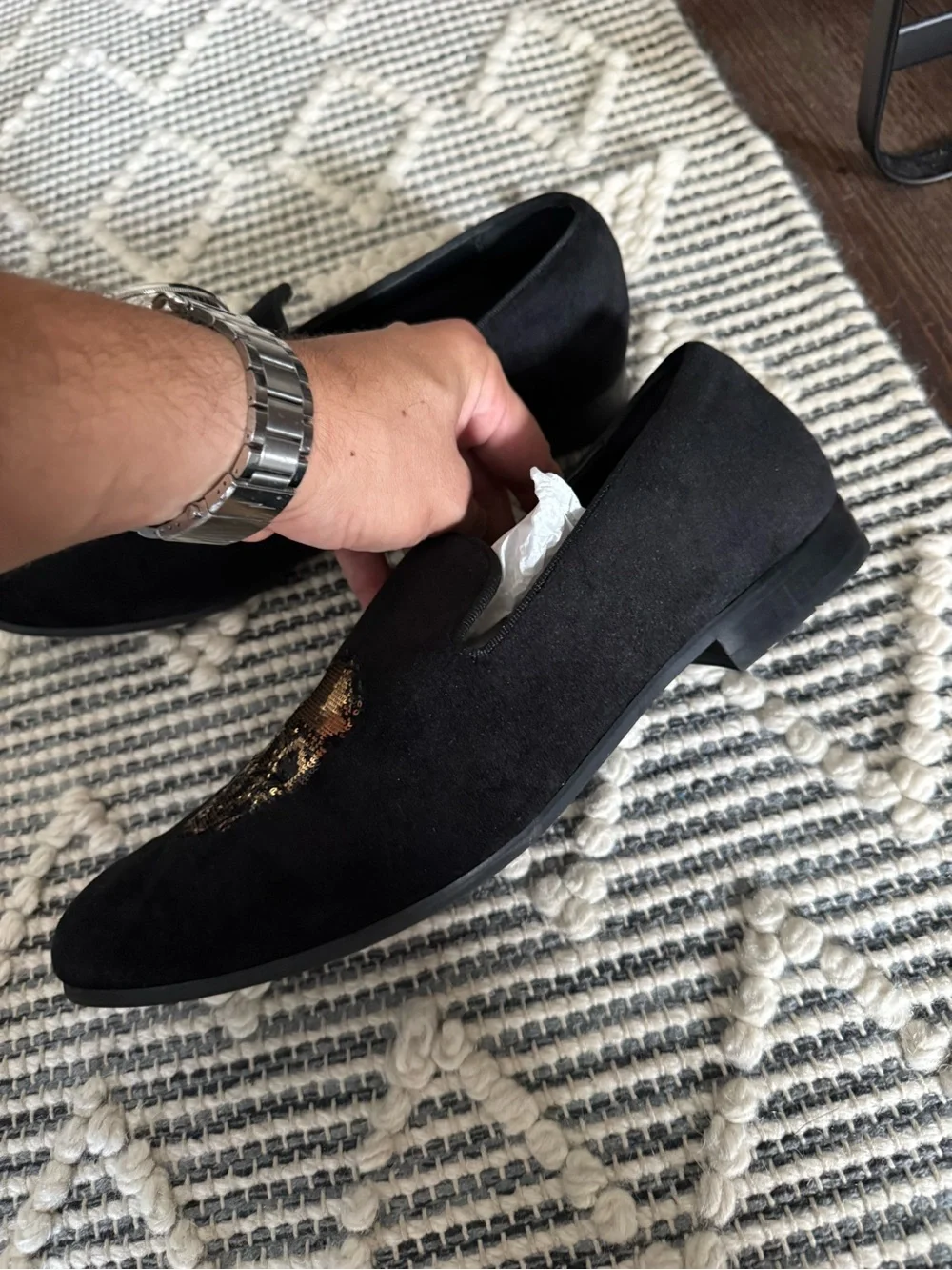 INC International Concepts Black Velvet Loafers with Gold Skull Sequin Detail